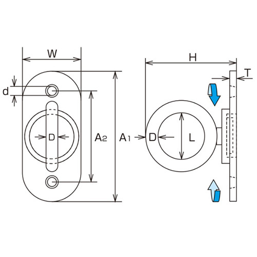 D：5㎜　　　L：15㎜　　　A1：50㎜\nA2：34㎜　　　W：20㎜　　　H:33mm\nT：2.5㎜　　　ｄ：4.2㎜