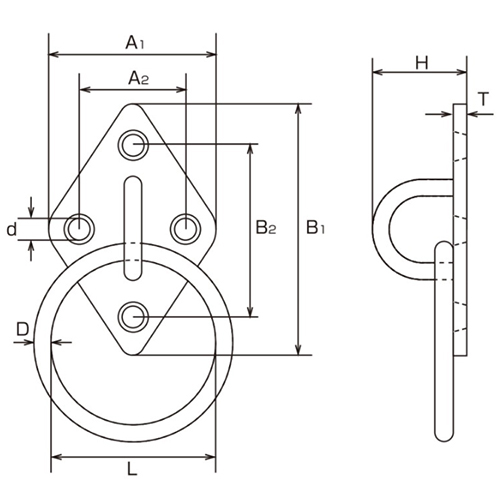 D：8㎜　　　L：45㎜　　　A1:50mm\nA2：33㎜　　　B1：80㎜　　　B2：62㎜\nH：35㎜　　　ｄ：5.2㎜　　　Ｔ：3㎜
