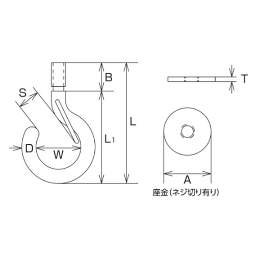 D：6㎜　　　L：52㎜　　　L1：40㎜\nB：12㎜　　　W：19㎜　　　S：8.5㎜\nA：20㎜　　　T：2㎜　　　捻径：M-6
