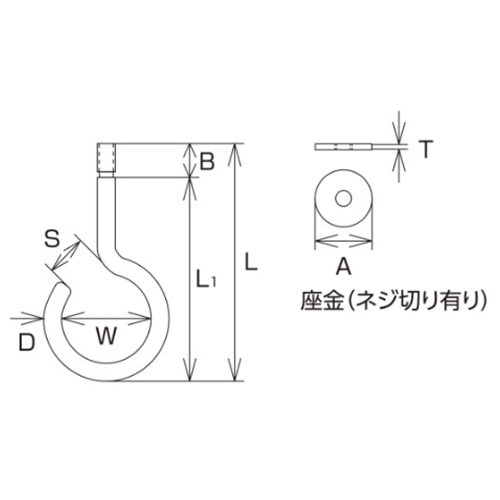 D：5.5㎜　　　　L：51㎜　　　L1：39㎜\nB：12㎜　　　W：20㎜　　　S：10㎜\nA：12㎜　　　T：2㎜　　　　捻径：M-6