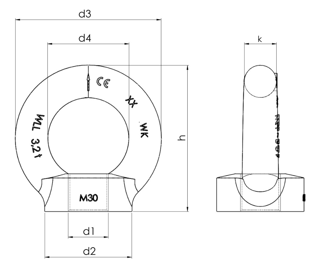d1：M64、d2：120mm、d3：206mm、d4：110mm、h：208mm、k：48mm