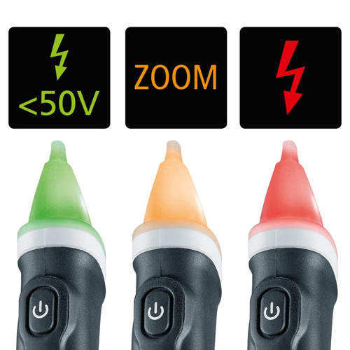 ＜先端色で電圧チェックとモード確認可能＞\n緑：電源ON時・50V未満\nオレンジ：感度調整機能使用時\n赤：50V以上