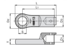 S：8mm、D1：10mm、D2：16.4mm、D3：19mm、L：54.7mm、L1：44mm、T：6.5mm