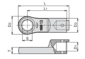 D1：12mm、D2：20～31.5mm、D3：19mm、L1：53mm、T：7.3～10.3mm