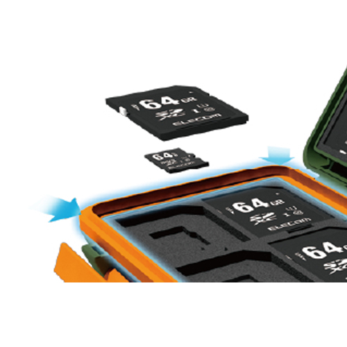 microSDカードの上からSDカードを収納、microSD→SD変換アダプタも収納できます。\n※メモリカードは付属しておりません。