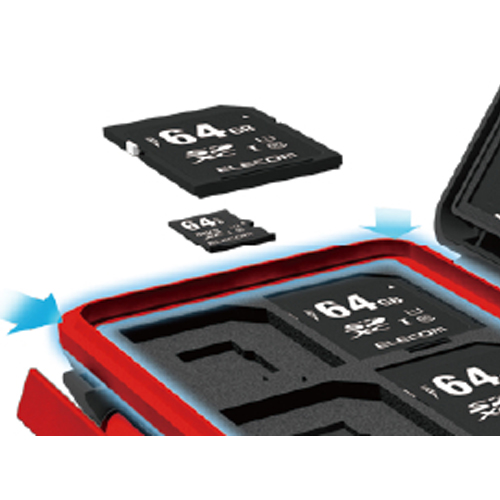 microSDカードの上からSDカードを収納、microSD→SD変換アダプタも収納できます。\n※メモリカードは付属しておりません。