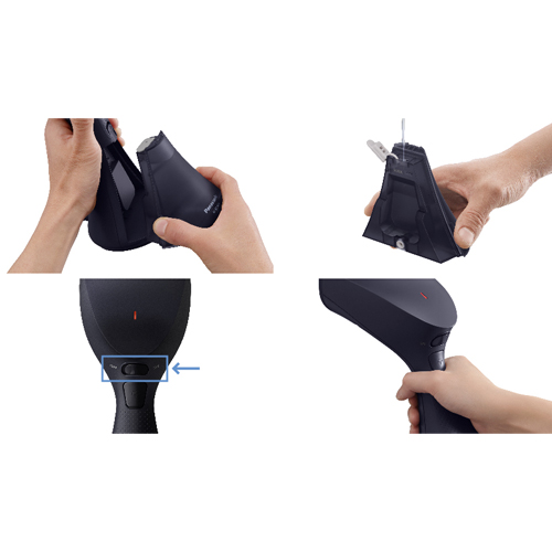 【使い方】\nタンクを取り外して水を入れ、電源を入れたらスチームボタンを握ります