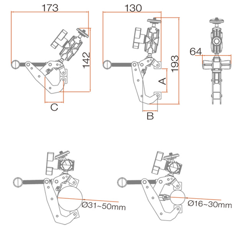 A:50mm, B:33mm, C:41mm