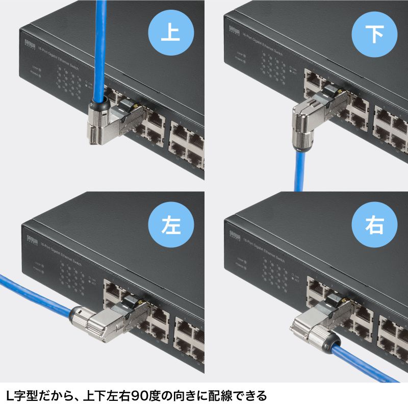 RJ-45差し込みポートの方向を上下左右、好きな方向に90°角度を変更できます。