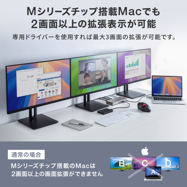 WindowsもMシリーズチップのMacも3画面拡張