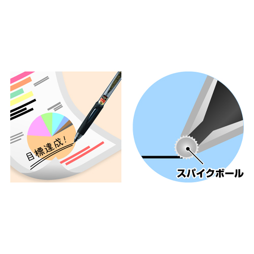 スパイクボールは、ミクロの突起がインクを掻き出し、紙をがっちりグリップし、ツルツルの紙面でもボールが滑らず、カラーコピーにも書きやすいです。
