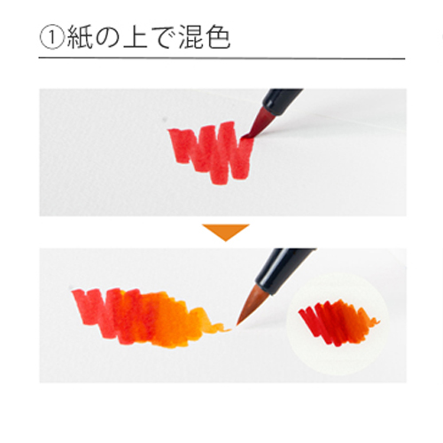 カラー×カラー\n①紙の上で混色\n先に塗った色が乾かないうちに、次の色を塗り足します。濃い色を先に塗りましょう。