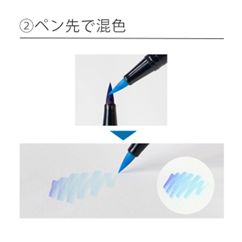 カラー×カラー\n②ペン先で混色\n薄い色の穂先に濃い色のインクを直接つけ、薄い色で描きます。