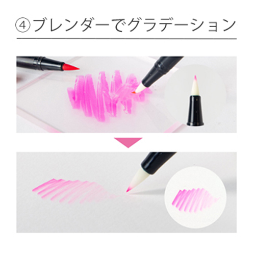 カラー×カラーレスブレンダー（N00）\n④ブレンダーでグラデーション\nお好みの色をクリアファイルなど水を弾く素材の上に出し、ブレンダーで吸い取り描きます。濃淡のグラデーションを作ることができます。