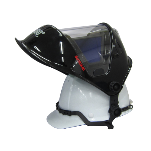 別売りのヘルメット取付アダプタ(型式：EA800PV-41)で、安全ヘルメットに取付可能