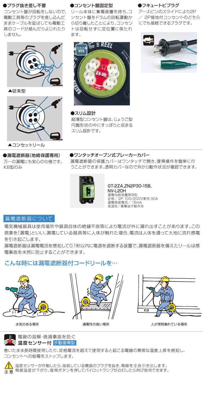 販売 AC125V 15A 30m コンセント固定リール 漏電遮断 エスコ ESCO