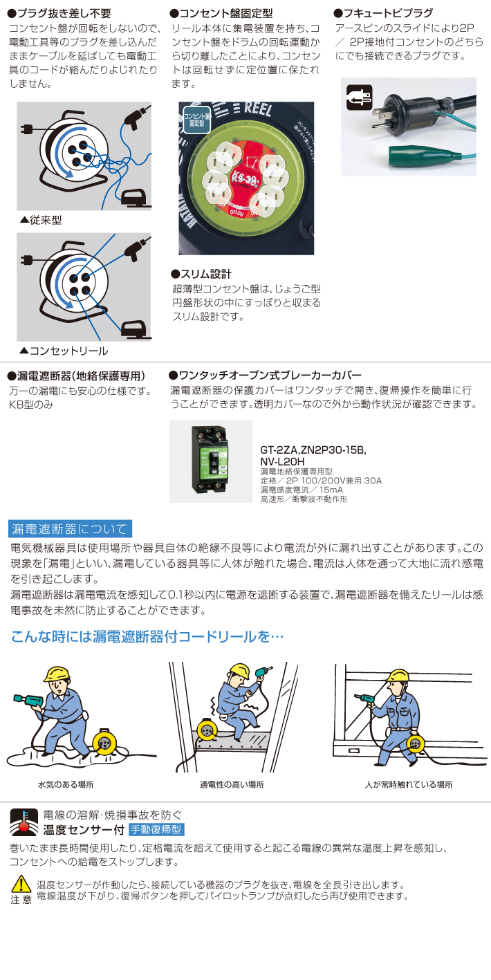 EA815FC-30｜AC125V/15A/30m ｺﾝｾﾝﾄ固定リール(漏電遮断)のページ