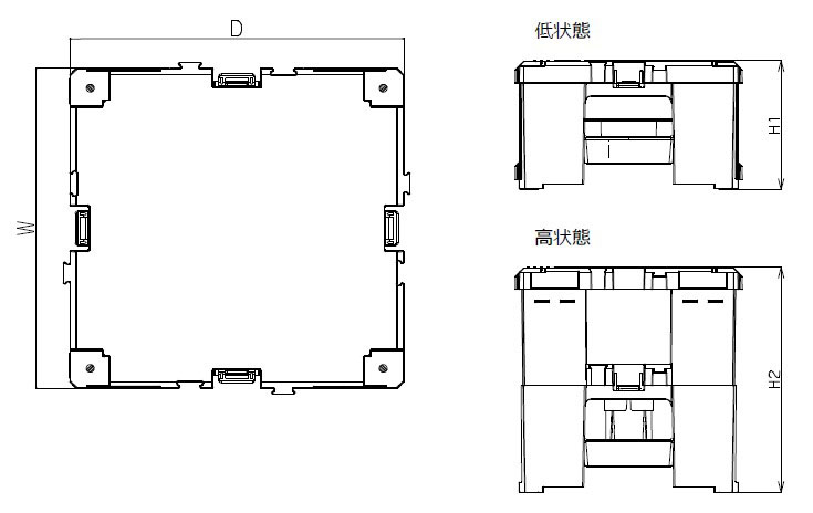 \n低状態：W：500、D：500、H1：288\n高状態：W：500、D：500、H2：503