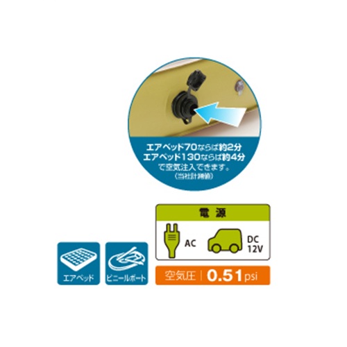 車のシガーソケットや電池式よりも強力な電動ポンプ。\n2つの電源（家庭用 AC 100V/車のシガーソケット DC 12V）が選べます。