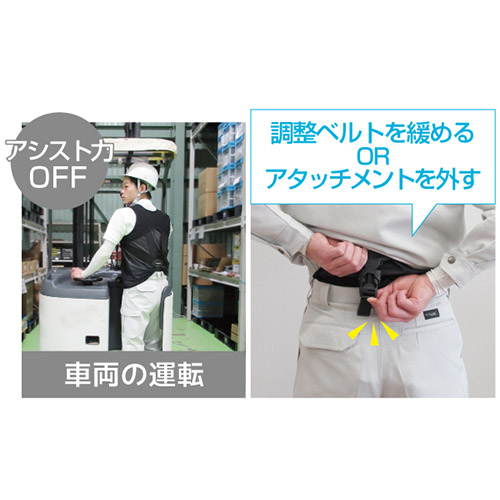 調整ベルトを緩めるかバックルのアタッチメントを外すとアシスト機能をOFFにできます。