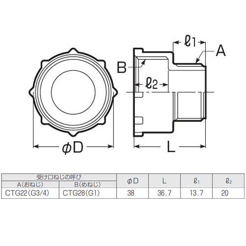 サイズ（mm）\nA：CTG22（G3/4）、B：CTG28（G1）、φD：38、L：36.7、l1：13.7、l2：20