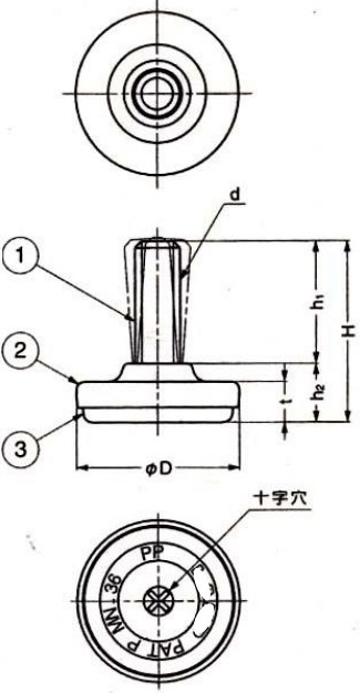 ①スチール ②ステンレス ③ポリプロピレン\nD…32　H…40　h1…27\nh2…13　t…9　d…W3/8-16