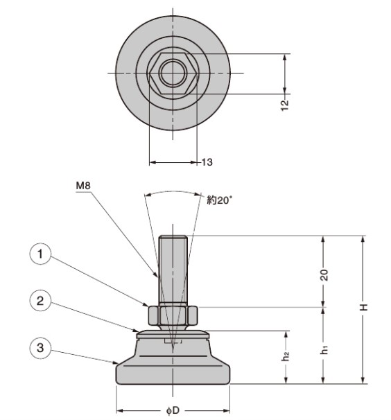 D：32mm、H：42mm、h1：22mm、h2：15.5mm\n①：スチール(黒色クロメート処理)、②：ポリアミド、③：ポリアセタール