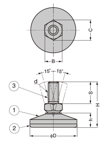 d：M12、D：50mm、H：51mm、h：16mm、S：25mm、B：17mm、C：19.6mm\n①本体：ステンレス鋼(SUS304)\n②底部：ポリアミド(PA)\n③ねじ部：鋼(SWCH)