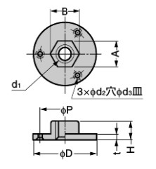 d1：M8、D：25mm、H：8mm、t：2.7mm、P：19mm、d2：3.2mm、d3：5.3mm、A：11.2mm、B：12.5mm