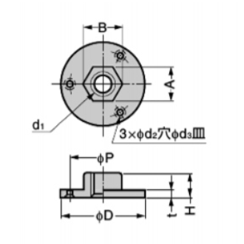 ｄ1：M10　　　D:28㎜　　　 H：9㎜\nｔ：2.7㎜　　　P:20mm　　　ｄ2：3.2㎜　　　\nｄ3：6.4㎜　　　A：13㎜　　　B：14㎜