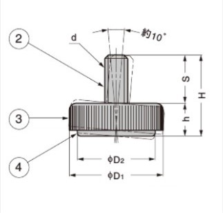 d：M10、D1：41mm、D2：34mm、H：37mm、h：15mm、S：22mm\n②：スチール（三価クロメートメッキ仕上げ）、③：ポリアミド、④：エラストマー