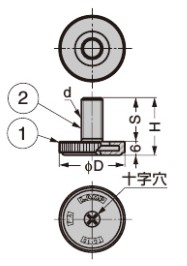 d：M10、D：30mm、H：26mm、S：20mm\n①：ポリアミド、エチレン酸化ビニル、②：スチール（有色クロメート処理）