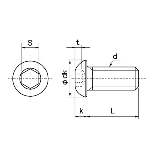 ねじの呼び d：M4　　　dk：7.24～7.60mm\nk：1.95～2.20mm　　　 S：2.52～2.58mm\nt：1.3mm　　　L：10mm