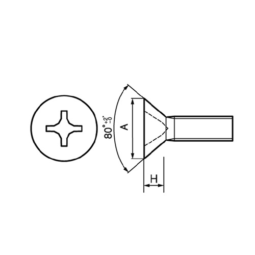 A（頭径）：最大 5.715mm　最小 4.953mm\nH（頭高）：1.7mm　ねじ部外径：2.8mm\nねじの長さ：3/16\"　ねじ部長さ：3mm\n十字穴番号：1