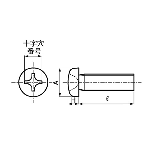 十字穴番号：1\nA（頭径）最大：5.562mm　最小：5.207mm\nH（頭高）最大：2.032mm　最小：1.778mm\nl：5/16”