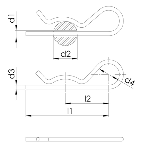 d1：2.5mm、d2：9～14mm、d3：2mm、d4：10mm、l1：50mm、l2：25mm