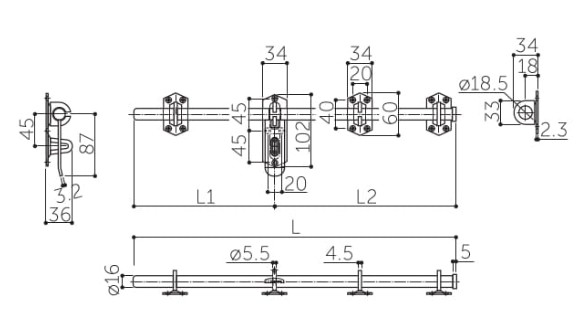 L：600mm、L1：267mm、L2：333mm