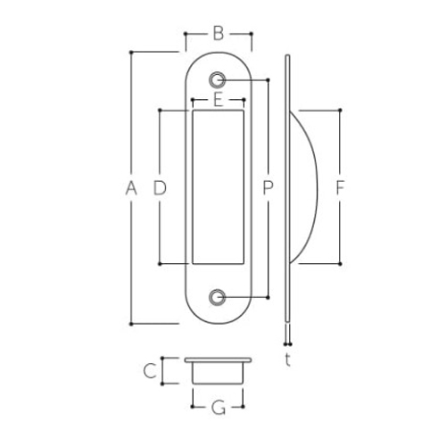 A：75mm　　　B：18mm　　　C：8mm\nD：44mm　　　E：13mm　　　F：45mm\nG：14mm　　　P：60mm　　　t：0.5mm