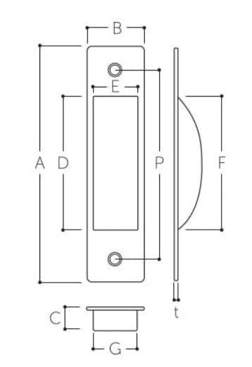 A：90mm、B：22mm、C：9mm、D：53mm、E：15mm、F：54mm、G：16mm、P：72mm、t：0.5mm