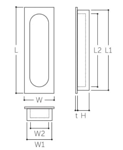 L：75mm、L1：71mm、L2：62mm、W：21mm、W1：16mm、W2：12mm、H：7mm、t：1.6mm