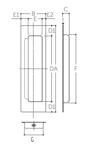 A：151mm、B：44mm、C：11.4mm、D：115mm、D1：18mm、E：24.5mm、E1：13mm、E2：6.5mm、F：119mm、G：34mm、t：1.3mm