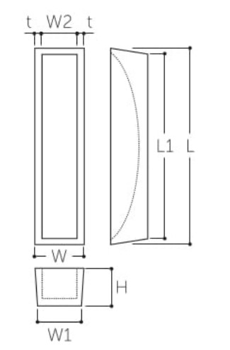 L：75mm、L1：74mm、W：16mm、W1：15mm、W2：11mm、H：9mm、t：2.5mm