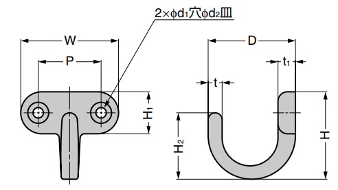 サイズ（mm）\nD：32、Ｗ：36、H：33、H1：16、\nH2：25、t1：6、t：5、P：23、d1：4、d2：8