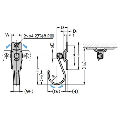 W：16㎜　　　W1：9㎜　　　D：16.5㎜\nD1：5.5㎜　　　D2：24.9㎜　　　H：42㎜\nH1：40㎜　　　H2：21.4㎜　　　H3：52.5㎜\nP：30㎜　　E：9㎜　　R：10㎜　　ｔ：2mm