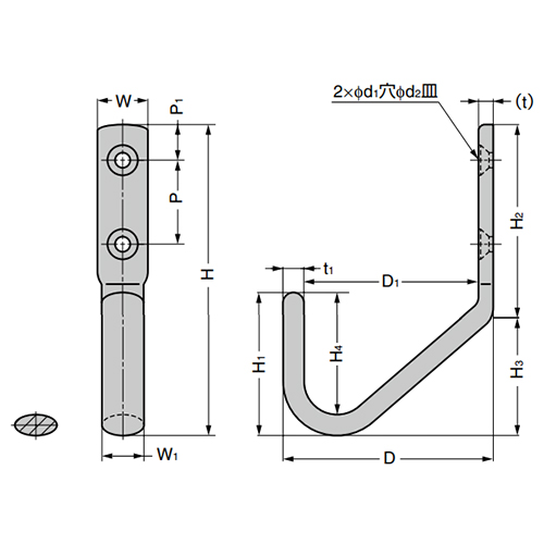 D：80㎜　　D1：68㎜　　W：16㎜　　W1：13㎜　　　\nH：115㎜　　H1：50　　H2：65㎜　　H3：50㎜　　　\nH4：44㎜　　P：30㎜　　P1：15㎜　　t：4㎜　　　\nt1：6㎜　　d1：4.3㎜　　d2：8.6㎜