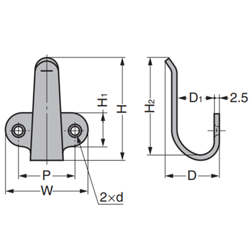 W：28㎜　　　P：18㎜　　　H：30㎜\nH1：10㎜　　　H2：30㎜\nD：18㎜　　　D1：12㎜　　　ｄ：φ4穴φ6.2皿