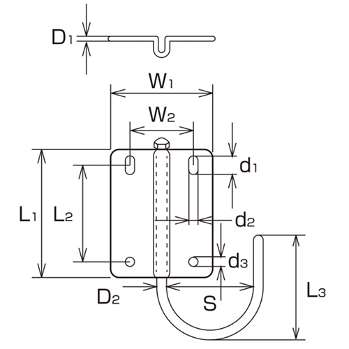 D1：2㎜　　　L1：120㎜　　　L2：85㎜\nW1：100㎜　　　W2：60㎜　　　\nｄ1：22㎜　　　ｄ2：11㎜　　　ｄ3：11㎜\nＤ2：10㎜　　　Ｌ3：80㎜　　　Ｓ：110㎜