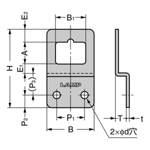 B：22㎜　　　B1：14㎜　　　H：36.5㎜\nA：10㎜　　　P1：13㎜　　　P2：6㎜\nP3：10㎜　　　ｄ：3.3㎜　　　Ｅ1：4.5㎜\nＥ2：6㎜　　　Ｔ：5ｍｍ　　　ｔ：1.5㎜