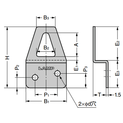 B1：32㎜　　　B2：14.8㎜　　　B3：14.8㎜\nH：47㎜　　　A：17.2㎜　　　P1：18㎜\nP2：8mm　　　P3：12㎜　　　ｄ：4.2㎜\nE1：3.2㎜　　E2：24.5㎜　　E3：22.5㎜　　T：10㎜