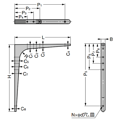 H:120mm／L:100mm／B:15mm／P1:85mm\nP2:43mm／P5:106mm／P6:42mm／d:4mm\nC3:10mm／C4:5mm／C7:13mm／\nC8:5mm／R:25mm\n